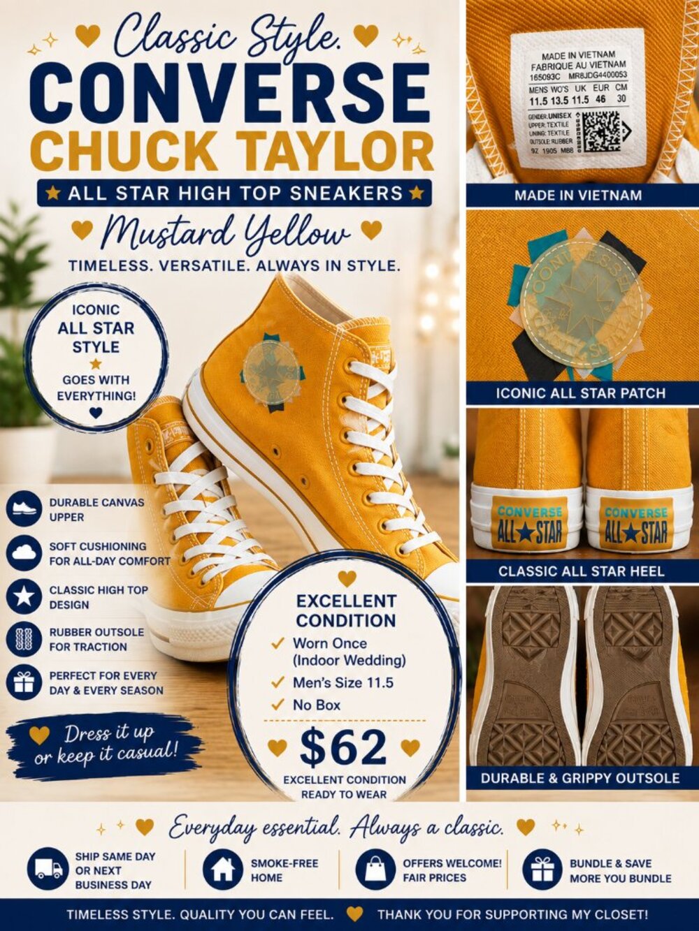 Converse Chuck Taylor All Star High Top Sneakers Mustard Yellow Men's Size 11.5
